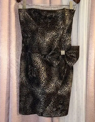 Leopard Print Strapless Dress with Bow Brown Size 12