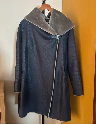 Adolfo Dominguez Faux Suede Fur Coat Off Center Fastening Buckle Hood 36 Size S Blue