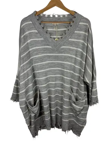 JODIFL NWT Striped V-Neck Pullover Sweater Sz M/L Gray Dolman Sleeve Casual