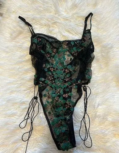 Black & Green Embroidered Bodysuit