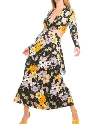 AFRM NEW Assi Floral Cutout Detail Long Sleeve Knit Dress Black Size M