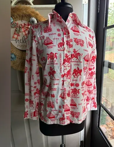 Vintage 70s Ship ‘n Shore historical US landmark long sleeve blouse, size medium Red