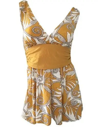 Come Como ❁ Printed Plunging V Neck Tunic Cami Tank ❁ Goldenrod + Ivory ❁ Large