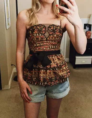 Anthropologie Floreat Tiered Eyelet Peplum Corset Top Women's Size 0 Brown