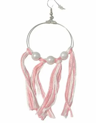 None Statement Earrings Tassel Fringe Big Hoops Faux Pearl Silver Pink White Silver