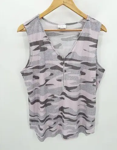 LuLaRoe  Top Women LAGE Pink Purple Grey Camo Print V-Neck Front Zip Tank