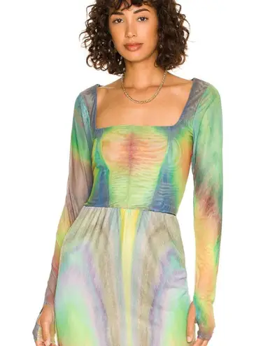 NWT AFRM Kona Mesh Rainbow Square Neck Top Size S Blue