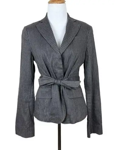 BCBGMAXAZRIA  Blazer Jacket Women S Gray Linen Pinstripe Belted Stretch Button Up