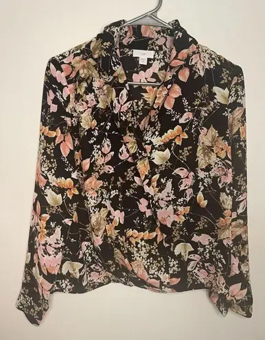 J.Jill  Black Floral Wrap Front Blouse Size XS