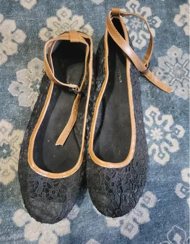 Black Lace Ballet Flats Ankle Strap Pointed Toe Shoes Women's Size 7.5