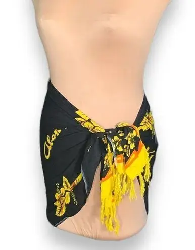 None Hawaiian Sarong Wrap Scarf Black Yellow Floral Aloha Fringe Beach Swim Coverup