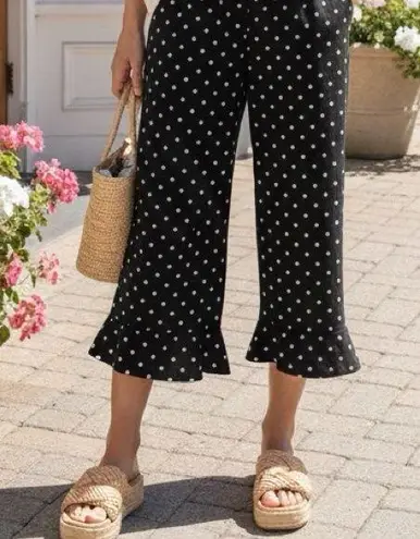Flax 100% Linen Bedskirt Ruffle Hem Polka Dot Cropped Wide Leg Pants in Small