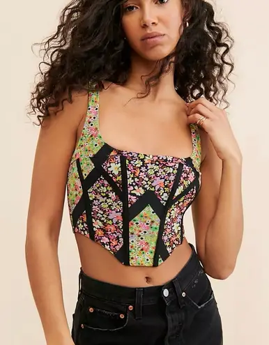 NWT AFRM Mesh Cropped Ditzy Floral, Green, Black, Pink Corset Top Size Small Black