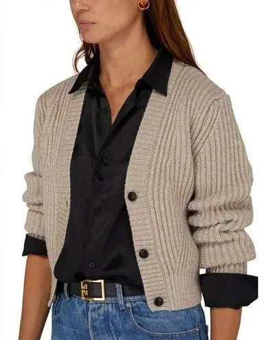 AMI Short Ribbed Cardigan button front 100% virgin wool SIZE SMALL NEW Tan