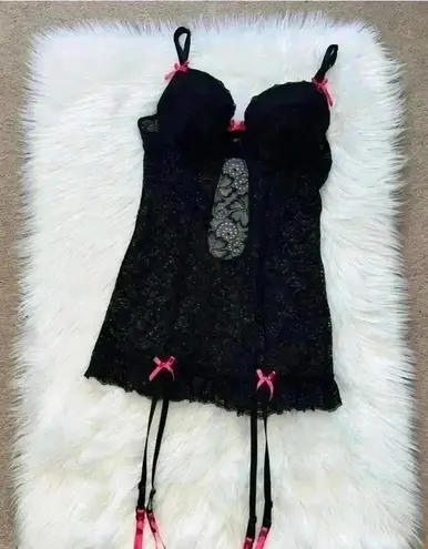 Dreamgirl Lingerie Y2K Black Floral Lace Babydoll Dress Medium Garters Neon Pink