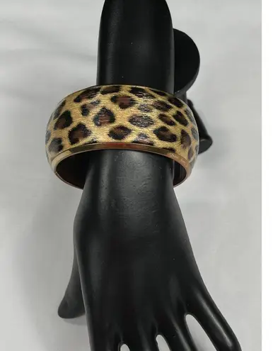 Vintage SKU 048 Animal Print Gold Tone Leopard Pattern Wide Bangle Bracelet