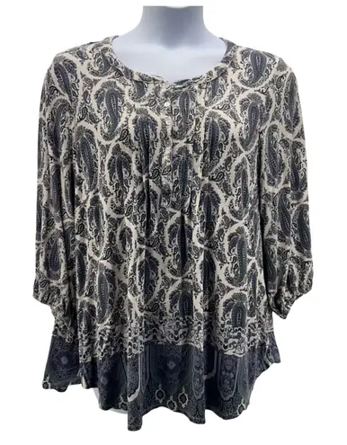 Rose Olive Womens Tunic Top Size 1X Paisley Bohemian Peasant Hipster Relaxed Gray