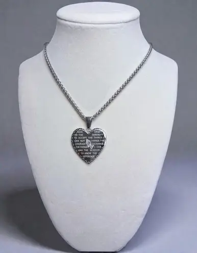 None Stainless Steel Lord’s Prayer/Serenity Prayer Heart Necklace New