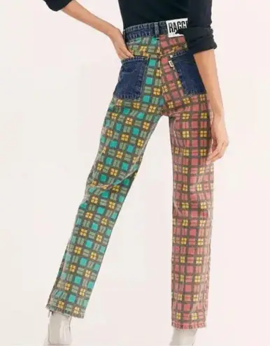 The Ragged Priest x Free People plaid jeans red yellow blue green color block mom