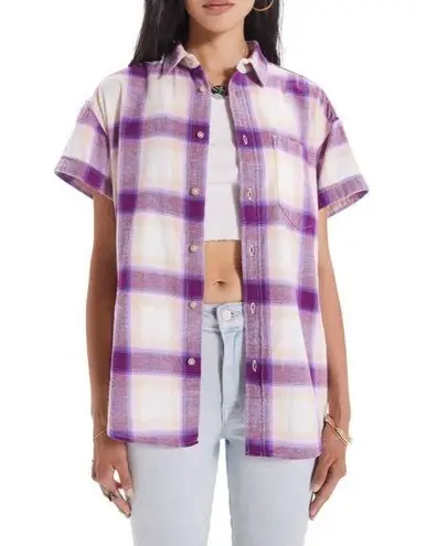MOTHER Denim Short Sleeve Shirt Cotton Plaid Paying In Sand Dollars NEW
