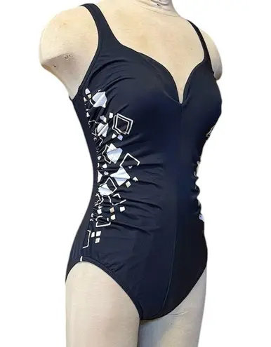 MiracleSuit Swimsuit Temptress One Piece Black Gold White Geometric 10 12