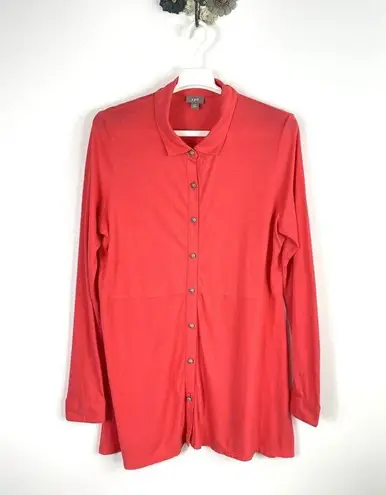 J. JILL Size Large Stretch Jersey Button Up Tunic Top Orange Red Career Pima