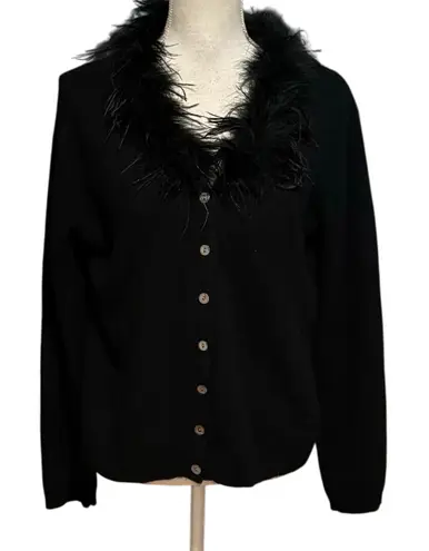 Mendocino Size L Cardigan Sweater Lambswool Angora Rabbit Feather Boa Neck Black Size L