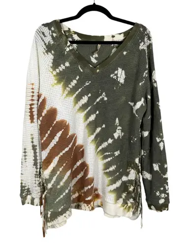 XCVI Dutchman V Neck Mahogany Waffleknit Green Cream Long Sleeve Blouse Medium