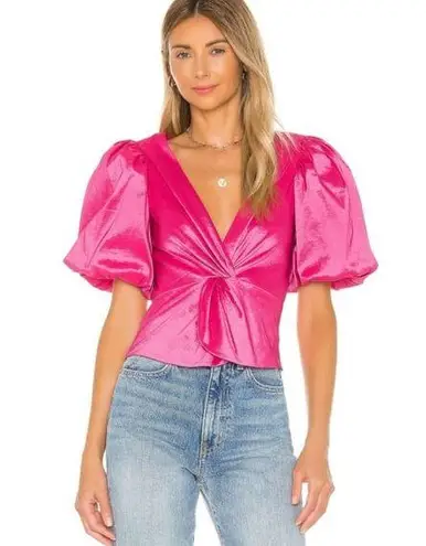 Lovers + Friends NEW Lovers Friends Bene Top Pink Puff Princess Sleeve Barbie Shiny Twist Blouse