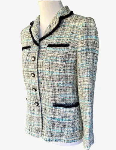 blue tweed woven size 2 Lady jacket navy trim cameo buttons