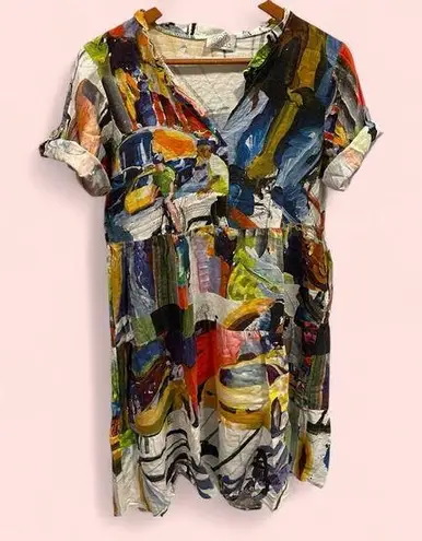 AQRL abstract art roll sleeve Basquiat ruffle mini linen blend breezy boutique Red