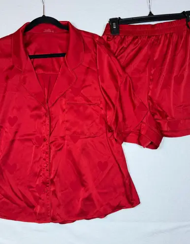 Nuuds Red Heart Print Satin Pajama Set Women's XXL Button Up Top Shorts