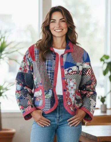 Vtg Kay Louise OOAK Red White Blue Patchwork Cotton Jacket Boho Handmade M/L Size L