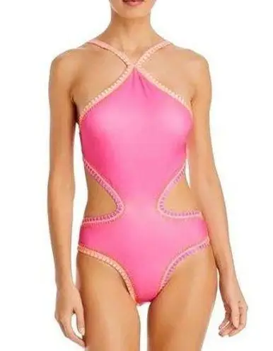 NWT PQ Swim Crochet Trim High Neck One Piece Pink Orange White Size Small