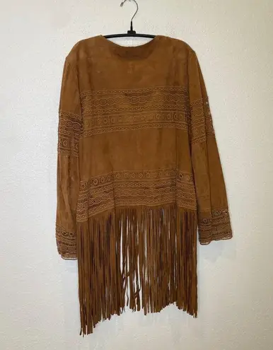 Reba Brown Leather Beautiful Jacket Fringe EUC Sz XL Lined Long Sleeves Crochet