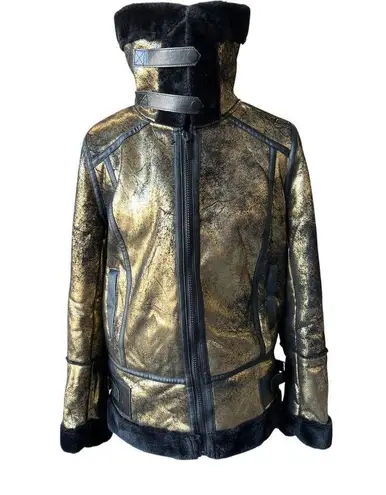Avec Les Filles Metallic Foil Faux Shearling Biker Jacket In Black/Gold Women's Size XS $239