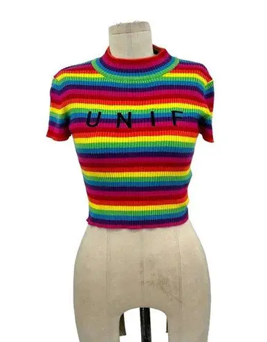 Unif  Lenny Crop Top in Rainbow Stripe Short Sleeve Turtleneck Size Small