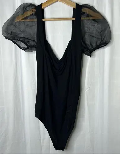 ZARA organza Puff sleeve ribbed ruched bodysuit Black medium