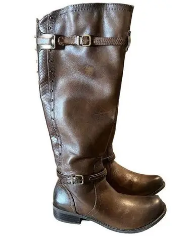 Gianni Bini  Steampunk Size‎ 5.5 Knee  Boots Low Heel Brown Leather Wrap Strap