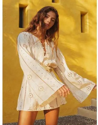 JUAN DE DIOS Lisa Cotton Eyelet Maxi Shirt in Beige Cream sz S