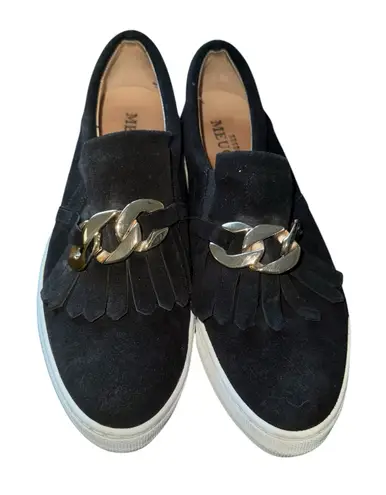 Sesto Meucci Calyce Novel Kiltie Sneakers Black Suede Golden Hardware Size 9