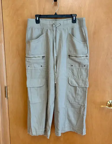 Wearables Beige Linen Blend Capri Pants Womens Large Cargo Drawstring Tan