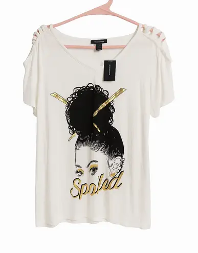Ashley Stewart "Spoiled" Graphic Tee – Size 18/20, NWT, Shoulder Lattice Detail