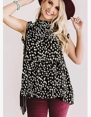 Women’s Casual Floral Print Cap Sleeve Ruffle Neck Loose Babydoll Shirt Black Size L