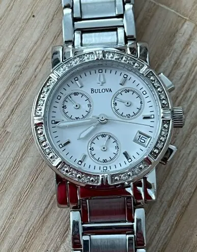 Bulova Diamonds Chronograph Ladies Watch White Dial Stainless Bracelet Date