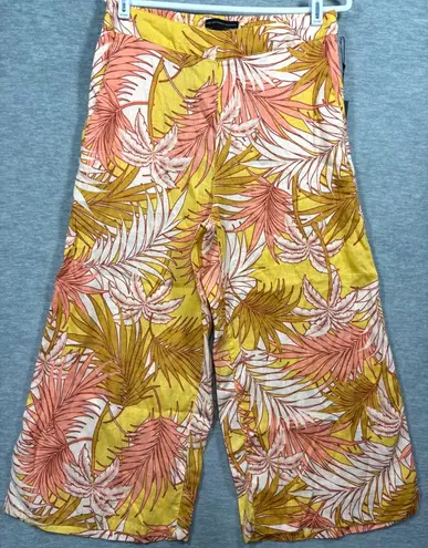 Tahari Womens Pants L Tropical Leaf Print 100% Linen Wide Leg Crop