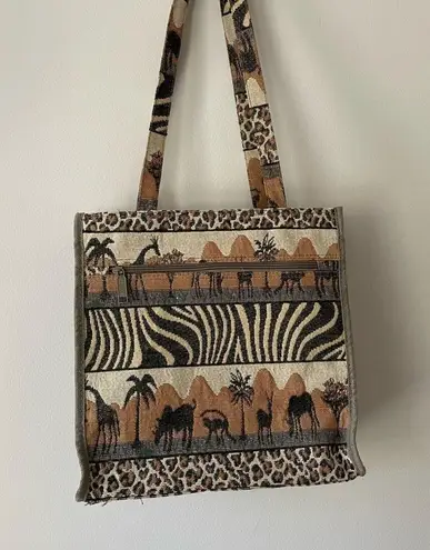 Vintage 80s Safari Animal Print tapestry tote bag vacation beach resort travel Brown