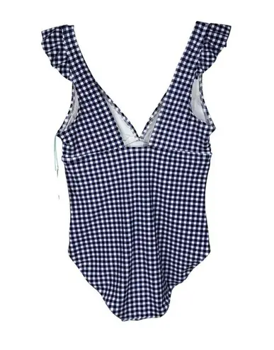 Kona Sol Large (12/14) Swim 1-Piece Ruffled Checked Padded Cup Lined Ruched Blue