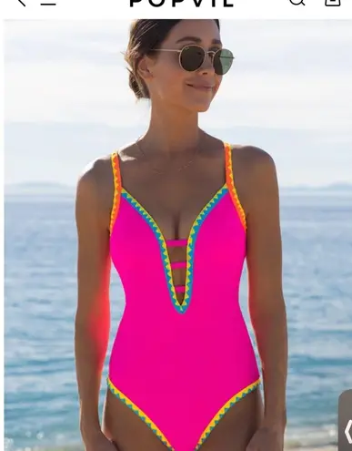 Popvil XL One Piece Swimsuit Hot Pink Criss Cross Bathing Suit neon bathing suit