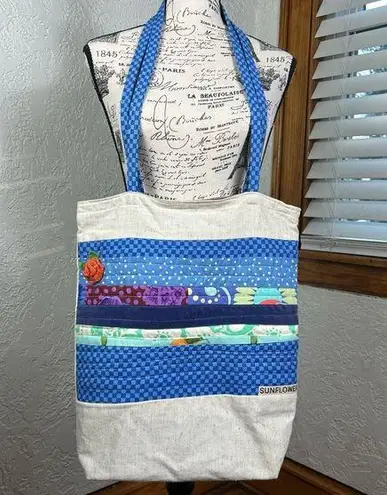 Boho Quilted And Stitched Canvas Art Deco Tote Bag Blue